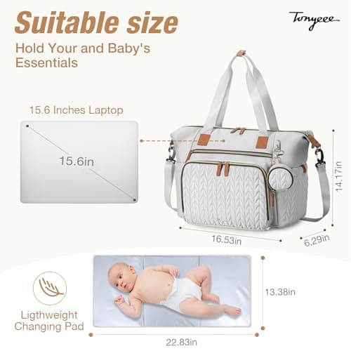 Tonyeee Diaper Bag Tote, Large Diaper Bags Waterproof, Hospital Bag for Labor Delivery, Baby Bag with Pacifier Case, Travel Diaper Tote with Changing Pad, Grey - Thumbnail 2