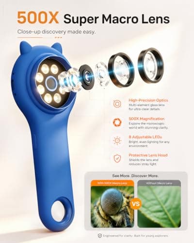Kids Digital Microscope for Boys, 500X Handheld Pocket Microscope with 2" IPS Screen, Adventure STEM Toy for Travel, Camping & School Projects Age 5-12 (Dark Blue) - Thumbnail 4