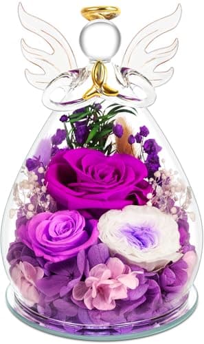 Gifts for Mom Women, Preserved Rose Forever Flower in Glass Angel Figurines, Birthday Gifts Fresh Flowers for Anniversary Mothers Day, Real Colorful Roses for Grandma Her Wife Daughte, Purple - Image 1