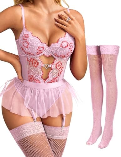 Tidouk Lingerie Sets for Women Sexy Lace Teddy Lingerie Push up Bra Garter Lingerie Set with Mesh Mini Skirt(Pink,X-Large) - Image 1