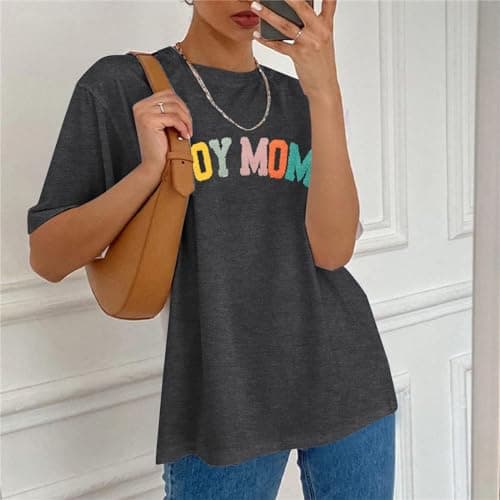 Oversized Mama Tshirt Women Boy Mom Shirt Mom Lift T-Shirt Gift for Mom Glitter Patch Shirt Causal Crew Neck Tops Dark Grey - Thumbnail 5