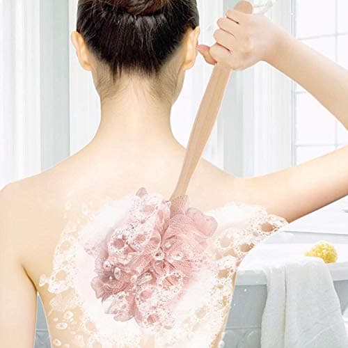 RASDDER Pink Loofah with Handle - Cute Back Scrubber & Exfoliating Shower Sponge, Soft Mesh Luffa on Wooden Stick, Bath Brush for Women and Girls - Thumbnail 4