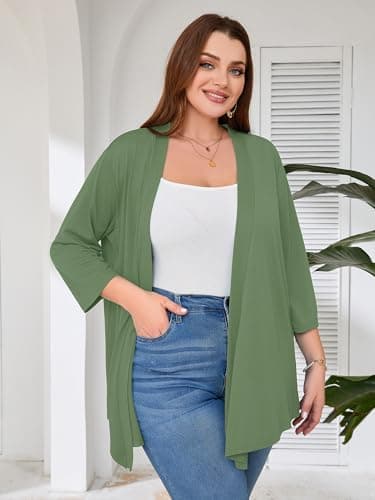 AusLook Women's Plus Size Lightweight Open Front Cardigan Army Green 1X Causal 3/4 Sleeve Cover Ups Shrugs Tops Shawls and Wraps Kimono Jacket Coat - Thumbnail 6