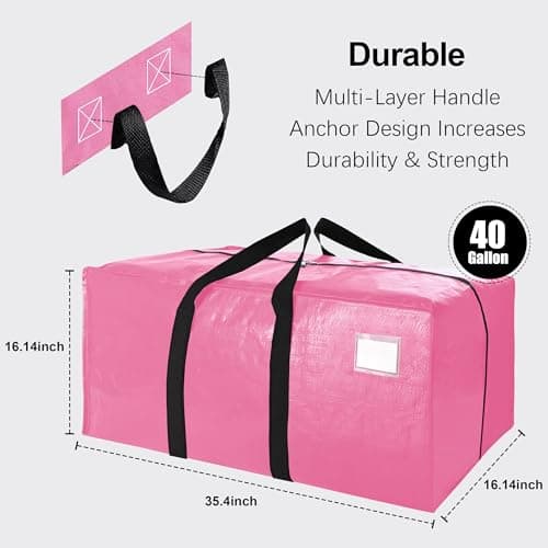 6 Pack Heavy Duty Extra Large Moving Bags W/Backpack Straps - Strong Handles & Zippers, Storage Totes For Space Saving, Fold Flat, Alternative to Box and Bin (40 gal, Pink) - Thumbnail 2