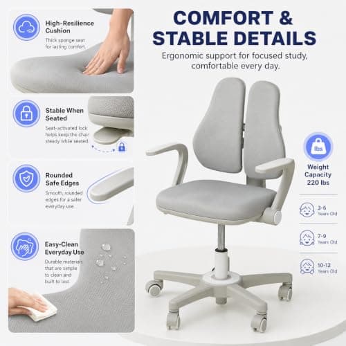 Ergonomic Kids Desk Chair with Adaptive Lumbar Support, Flip-Up Armrests & Adjustable Height — Breathable Study Chair for Ages 3-12, Ideal for Home Bedroom or Reading Nook - Thumbnail 5