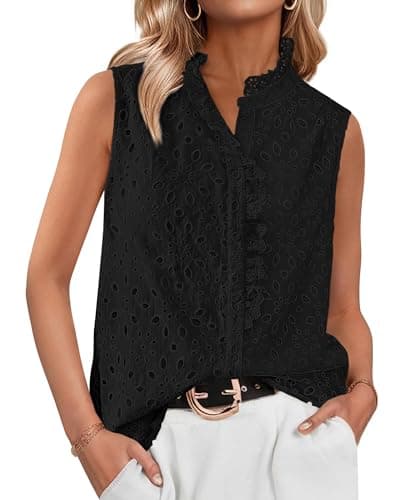 BTFBM Womens Sleeveless Button Down Shirts Ruffle V Neck Casual Hollow Out Eyelet Tops Boho Spring Vacation Blouse 2026(Black, Large) - Image 1