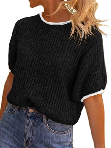 Saodimallsu Womens Puff Short Sleeve Sweater Tops Spring Summer Color Block Ribbed Knit Crew Neck Going Out Shirts Black - Image 1