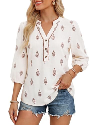 GRACE KARIN Boho Tops for Women Summer, Dressy Casual Floral Blouses, V Neck Button Up 3/4 Sleeve Shirts for Vacation White Red XL - Image 1