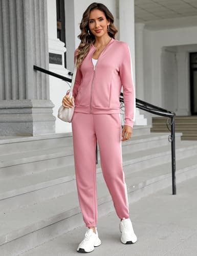 Totatuit Women's Tracksuit 2 Piece Outfits Zip Striped Sportswear Long Sleeve Jogger Suits for Women with Pockets Pink X-Large - Thumbnail 5