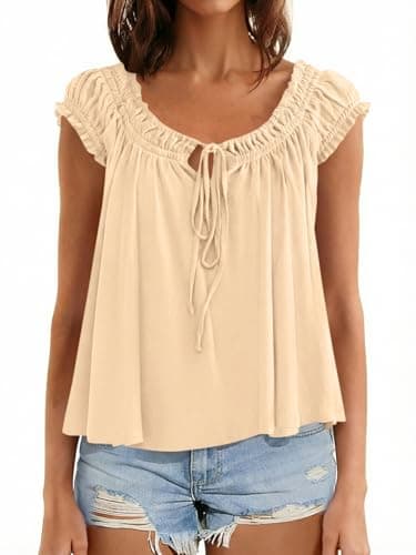 Beloyoni Womens Babydoll Tops Summer Tie Front Cap Sleeve Tank Top Dressy Casual Loose Fit Peplum Blouses Cute Flowy Shirts Beige XS - Thumbnail 2
