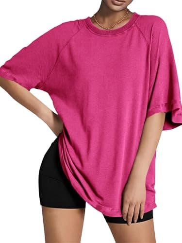 Tankaneo Womens Oversized Tshirts Crew Neck Short Raglan Sleeve Tunic Tops Summer Casual Loose Fit Workout Tee Shirts Rose Red - Image 1
