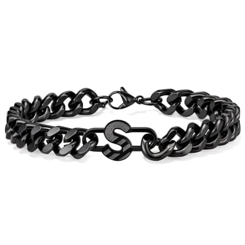 KLIFOWDY Cuban Link Initial Bracelets for Men - Stainless Steel Black Letter S Bracelet Jewelry Gifts with National Flag Design for Him Boyfriend Husband Dad Anniversary - Image 1