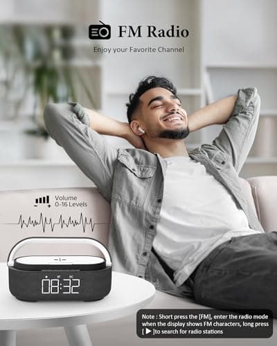 COLSUR Bluetooth Speaker with Wireless Charger, FM Radio, Dimmable LED Night Light, Stereo Sound Dual Wireless Speakers, 2500mAh Portable Speaker for Home Decoration, Bedroom, Office, Gift - Thumbnail 5