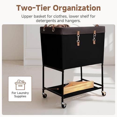 StorageWorks Laundry Cart, 2 Tier Rolling Laundry Basket, Heavy Duty Laundry Basket with Lockable Wheels, Laundry Room Organization and Storage, Clothes Hamper for Bedroom, Dorm, Closet, 29Gal, Black - Thumbnail 5