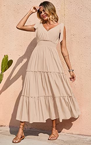 PRETTYGARDEN Women's Summer Dresses 2026 Boho Spaghetti Strap Tiered Maxi Dress Beach Tie Strap Smocked Long Dresses Pleated Sundress (Apricot,X-Large) - Thumbnail 3