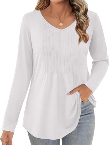 JUSTFASHIONNOW Women Long Sleeve Tops Winter Shirts Loose Fit Pleated Outfits V Neck Fashion Casual Blouses Ladies Curved Hem Teacher Business Tunics (White, Small) - Thumbnail 3
