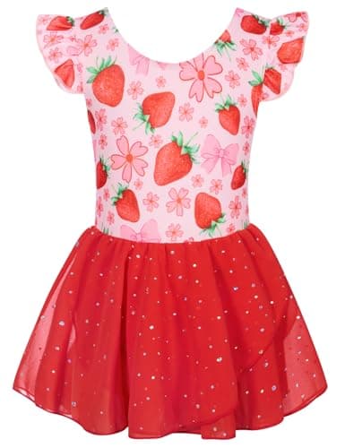 Funnycokid Ballet Leotards for Girls Ruffle Strawberry Print Tutu Dress Toddler Sequined Chiffon Skirted Ballerina Dance Outfit Red for Kids 2T 3T - Image 1