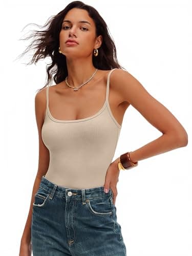 ANRABESS Women Bodysuits Square Neck Spaghetti Straps Sleeveless Cami Top Summer Backless Ribbed Knit Basic Body Suits Almond Small - Thumbnail 6