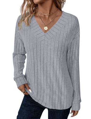 JUSTFASHIONNOW Womens V Neck Long Sleeve Shirt Fall Fashion Tunic Tops Dressy Casual Sweaters 2025 Trendy Work Blouses Outfits(Sky Blue,X-Large) - Thumbnail 3