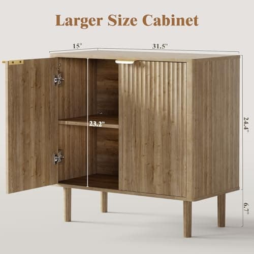 IKALIFE Sideboard Buffet Cabinet with Storage, Modern Fluted Accent Credenza with Doors & Adjustable Shelves, Wood Coffee Bar Console Table for Living Room, Dining Room, Kitchen or Entryway 31.5" Oak - Thumbnail 2