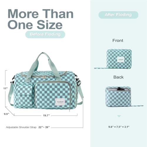 WOOMADA Foldable Travel Duffel Bag with Shoes Compartment, Overnight Bag with Wet Pocket & Trolley Sleeve, Weekender Bags for Women (turquoise checkerboard) - Thumbnail 2