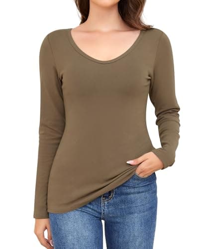 Ganado Long Sleeve Shirts for Women V Neck Thermal Shirt Layering Undershirts Plain Fitted Basic Tops (Light Brown, X-Small) - Image 1