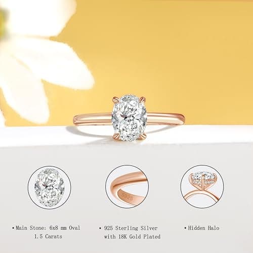 SILVERNANA 1.5ct Oval Moissanite Engagement Ring for Women D Color VVS1, Rose Gold Plated Sterling Silver Hidden Halo Solitaire Ring, Oval Cut Promise Ring Size 10 - Thumbnail 2