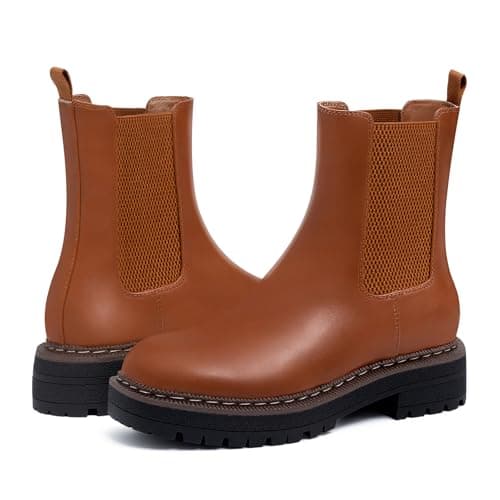 Athlefit Chelsea Ankle Boots for Women Platform Lug Sole Brown Boots Comfortable Slip On Fall Dress Short Booties Size 7 - Thumbnail 4