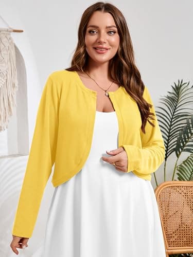 AusLook Plus Size Women Shrugs Long Sleeve Bright Yellow 5X Open Front Cardigan Knit Lightweight Coat Cropped Bolero Tops Shawls and Wraps Dressy Sweater - Thumbnail 3