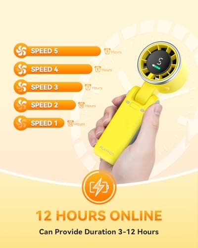 PlayHot Portable Handheld Turbo Fan, 5-Speed Personal Fan, USB-C Rechargeable Fan Up to 12 Hours, 3 IN 1 Hand Fan with Air Turbo Tech Cooling, Travel Fan for Cruise, Beach, Gifts for Women (Yellow) - Thumbnail 4