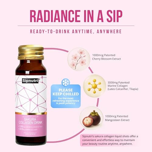 Sipnutri Sakura Collagen Drink - Gift for Mother - Marine Peptides Liquid Shot Hydrolyzed with Cherry Blossom & Mangosteen Extract, Supports Skin Hydration, Hair & Nail Health – 1.69 fl oz x10 - Thumbnail 4