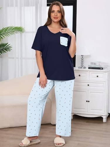 AusLook Plus Women Pajamas Set 2 Piece Lounge Sets Short Sleeve Top and Full Length Pant Chest Pocket Matching Maternity Christmas Print Lamb Print Light Blue 4X Pjs Loungewear Sleepwear - Thumbnail 3