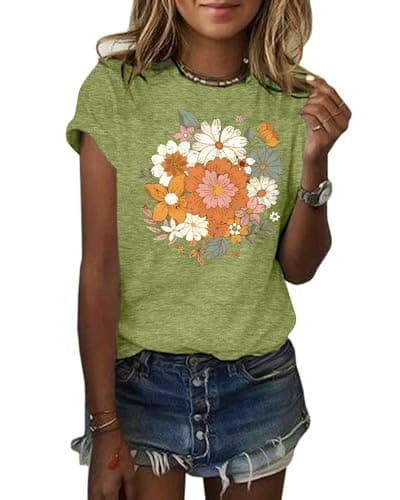 GEMLON Women's Vintage Floral T Shirt Boho Wildflower Graphic Loose Tees Short Sleeve Casual Tops(Flower&Green XL) - Image 1