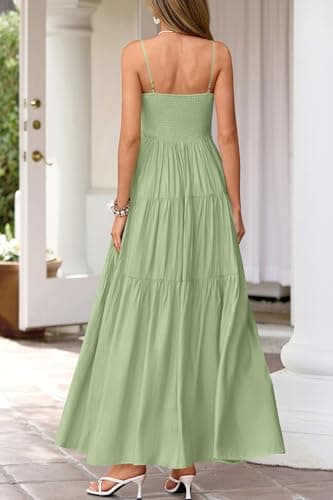 Okiwam Women's Summer Dress 2026 Casual Boho Sleeveless Spaghetti Strap Smocked Maxi Dress Ruffle Long Beach Sundresses-XXL Light Green - Thumbnail 3