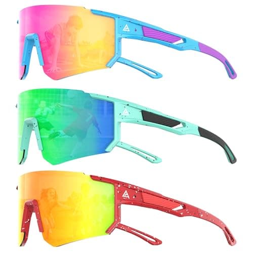 QALLY 3 Pack Kids Sunglasses Youth Baseball Sunglasses for Boys Girls Age 4-14, Cycling Softball Running UV400 Protection Sports