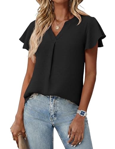 Womens Plus Size Spring Tops Summer Dressy Casual Cute V Neck Ruffle Sleeve Blouses Flowy Shirts A - Black - Image 1