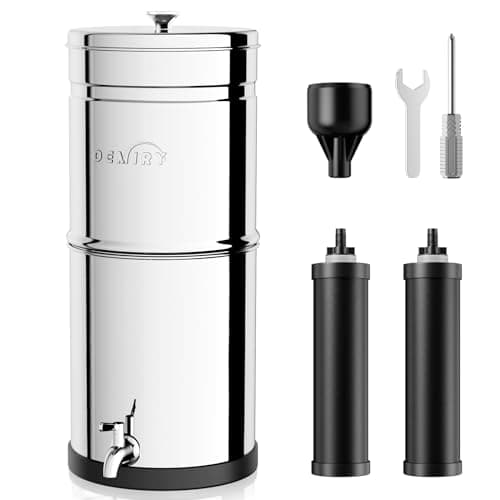 OEMIRY Gravity Water Filter System, 2.25G Stainless Steel Countertop System Water Purifier, Reduce 99% Chlorine for Home Camping Backpacking RVing, 2 Carbon Filters - Image 1