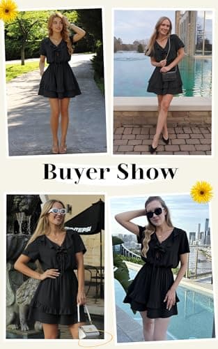 Angashion Womens Tie Front Mini Dress: V Neck Long Sleeve Layer Ruffle Hem Dress with Pockets 2491Black Small - Thumbnail 4