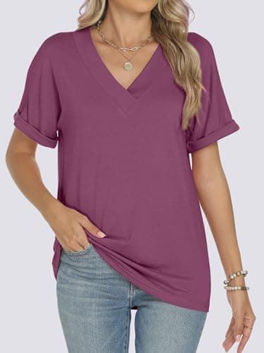 ANRABESS Womens T Shirts Short Sleeve V Neck Shirts Summer Loose Fit Dressy Tops Business Casual Blouses 2026 Basic Tees Wine Red X-Large - Thumbnail 2
