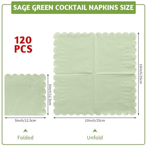 NatNarr 120 Pcs Cocktail Napkins Sage Green Easter Napkins Disposable Dessert Beverage Napkin Scalloped Paper Napkin for Wedding, Bridal Baby Shower, Birthday, 5 x 5 Inch - Thumbnail 2