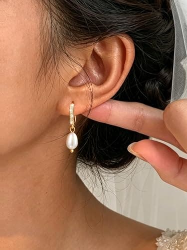 POAIIU Gold Pearl Earrings for Women, Pearl Drop Earrings 14K Plated CZ Pave Huggie, Pearl Hoop Earrings Bridesmaid Earrings Tarnish Resistant - Thumbnail 5