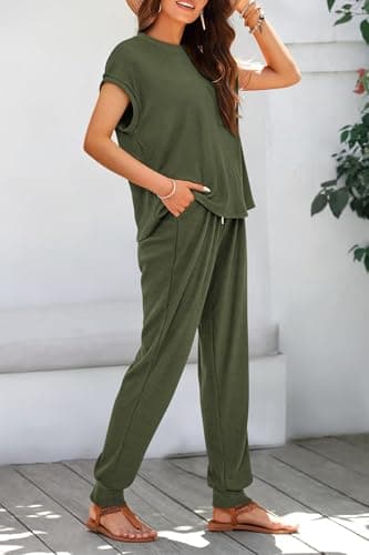 BTFBM 2 Piece Outfits for Women Summer Casual Short Sleeve Tops and Long Pants Lounge Sets Tracksuits(Solid Army Green,Medium) - Thumbnail 4