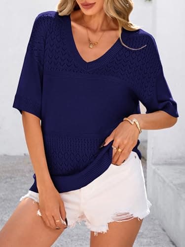 PRETTYGARDEN Women's Short Sleeve Sweater Tops 2026 Spring Summer Casual V Neck Ribbed Knit Trendy Eyelet Blouse T Shirts (Dark Royal Blue,Medium) - Thumbnail 3