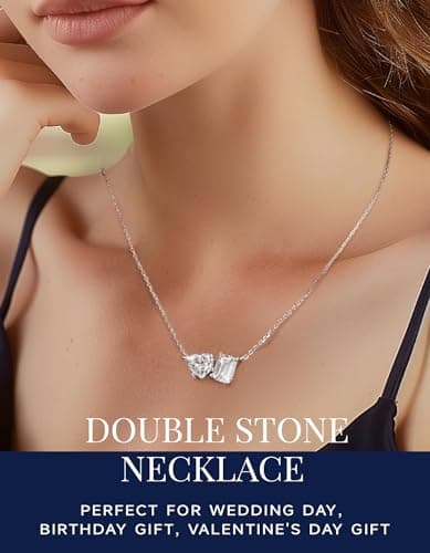MomentWish Toi Et Moi Necklace, 2 Stone Necklace for Mom, Heart and Emerald Cut Moissanite Necklace for Women, 925 Sterling Silver Necklace Bithday Gift for Her(2Carat, VVS1), White - Thumbnail 2