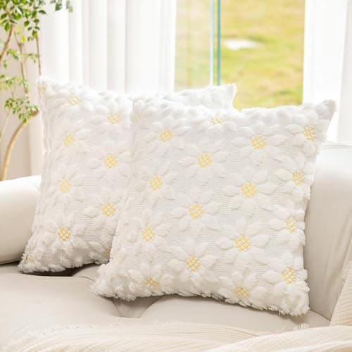 KIDHABE Spring Summer Pillow Covers 18x18 inch, Set of 2 Soft Faux Fur Jacquard Yellow Color Flower Heart Sunflower Throw Pillow Cases for Sofa Couch Holiday Spring Home Decor - Image 1