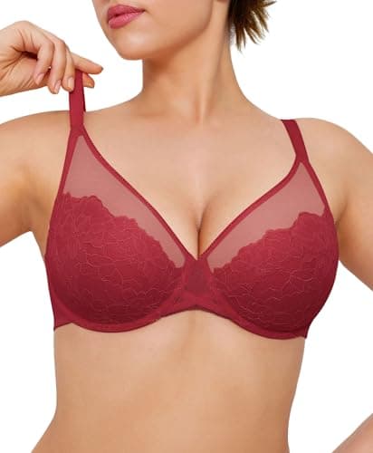Popilush Minimizer Bra for Women 42D Large Bust, Full Coverage Underwire Plus Size Lace Bra, Support & Comfort - Red Lacquer Color - Image 1