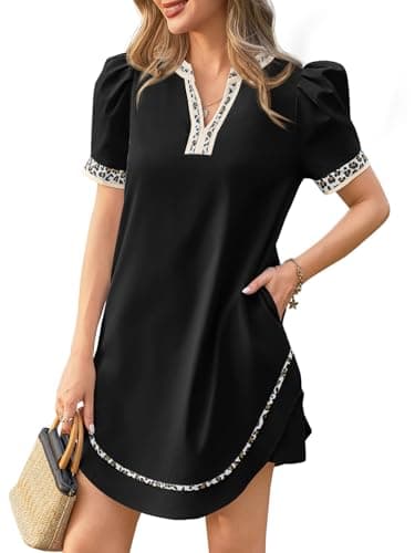 Wenrine Womens Puff Short Sleeve Mini Dress Casual V Neck Color Block Leopard Loose Beach Summer Dresses with Pockets - Image 1