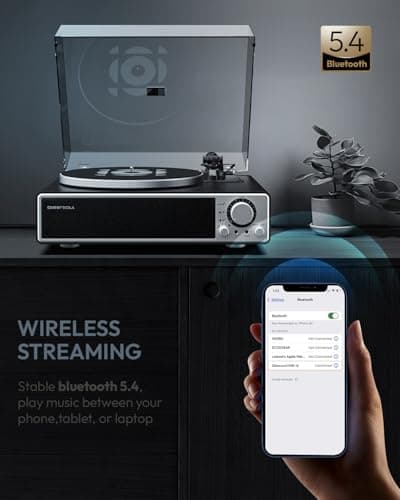 QLEARSOUL ONE-Q Vinyl Record Player (Black), All-in-one HiFi Turntables with Built in Speakers, Bluetooth 5.4, Phono Preamp, Magnetic Cartridge AT-3600L, 33/45 RPM Two Speed, Aux-in, Auto Off - Thumbnail 4
