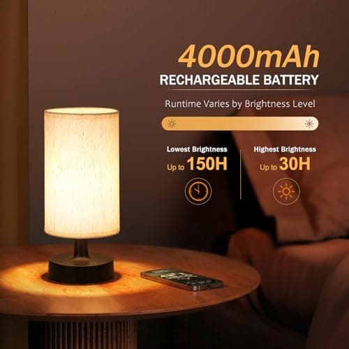 Kakanuo Cordless Table Lamp Rechargeable Small - 1 Pack Beige Black, 4000mAh Battery Operated Lamp with Touch Control Stepless Dimming, Wireless Lamp for Bedside, Nightstand, Bedroom, Living Room - Thumbnail 4