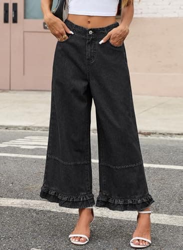 EVALESS Womens Wide Leg Jeans 2026 Trendy Mid-Rise Cropped Baggy Jeans Loose Fit Cute Ruffle Hem Trouser Denim Pants with Pockets Grey Size 16 - Thumbnail 5